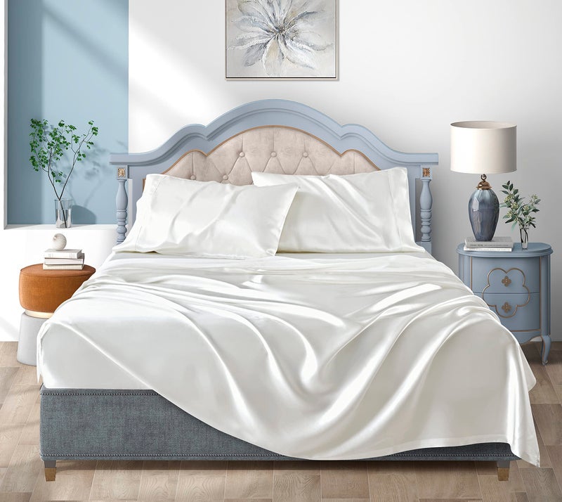 Luxbedding Satin Bed Sheets California King Size Sheets Set, White Silk Sheets, 4 - Pieces Soft Bedding Set with 1 Deep Pocket Fitted Sheet,1 Flat Sheet,2 Pillowcase - Image 2